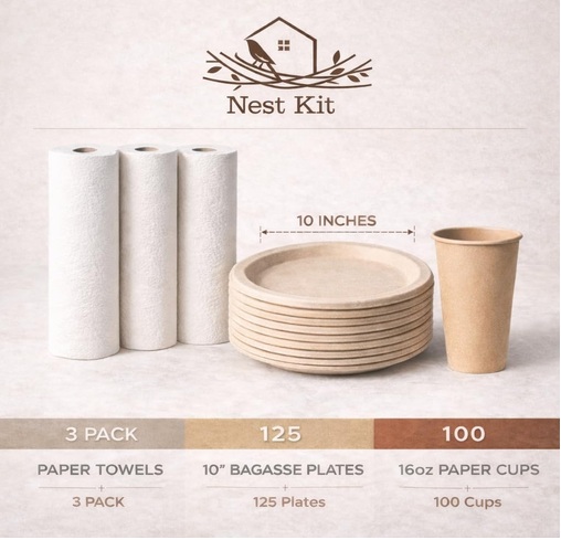 Nest Kit bundle with paper towels, bagasse plates and paper cups