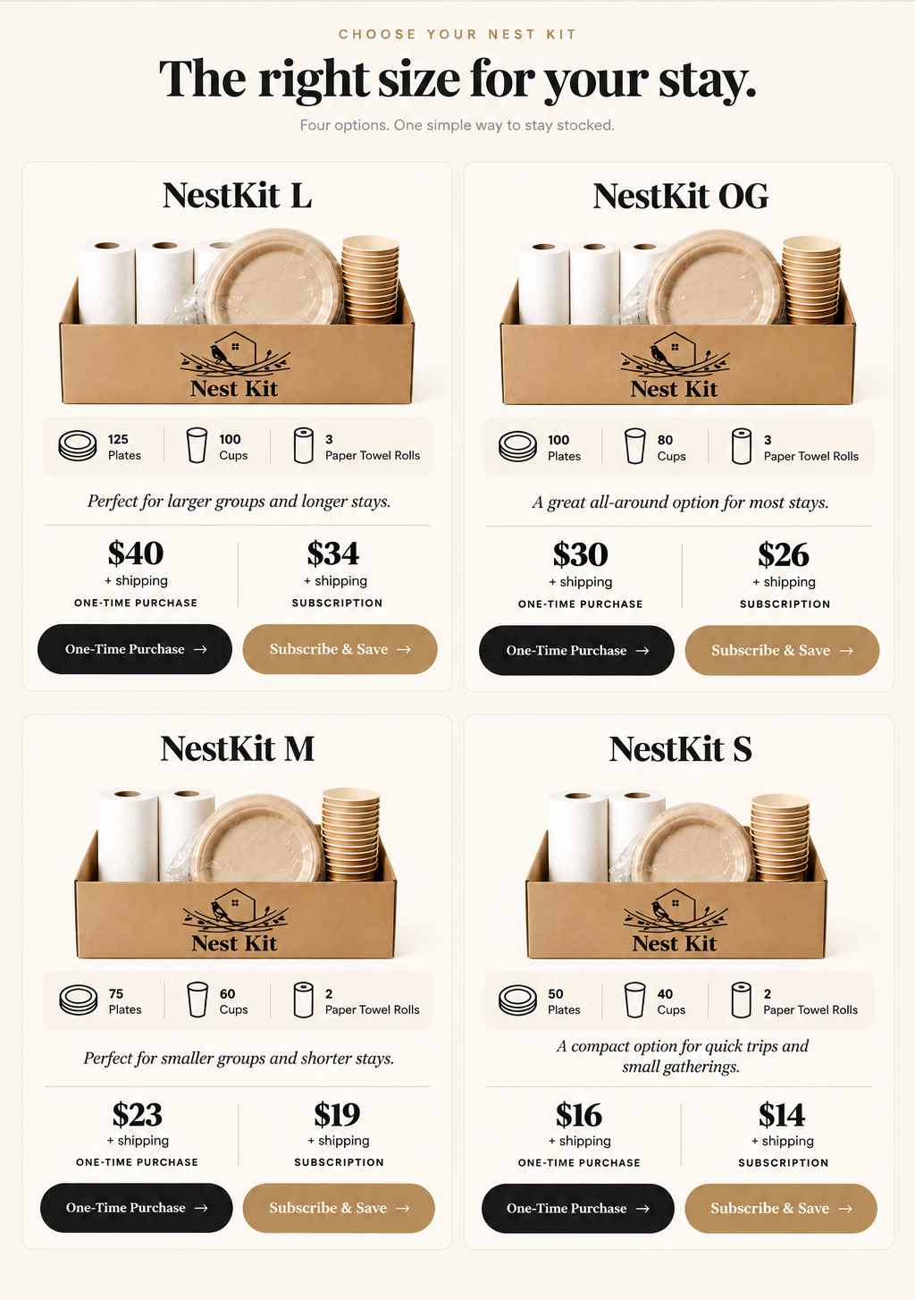 Choose your NestKit: L, OG, M and S options with one-time and subscription pricing