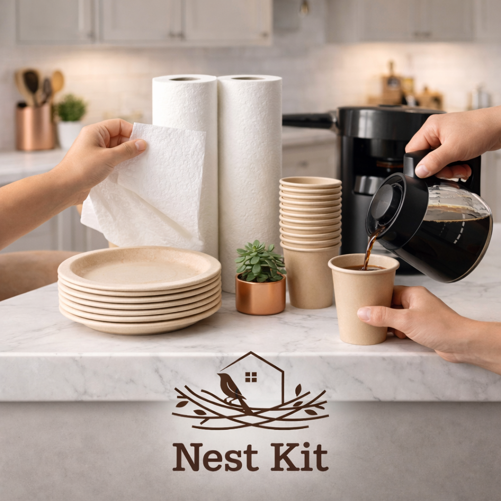 Nest Kit paper towels, plates and cups being used in a kitchen